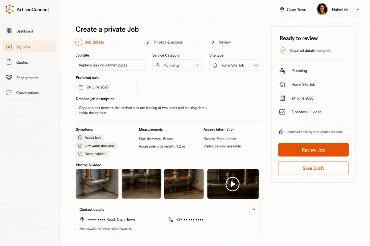 ArtisanConnect job creation screen showing symptoms, measurements, access notes, and attached photos with masked contact details.