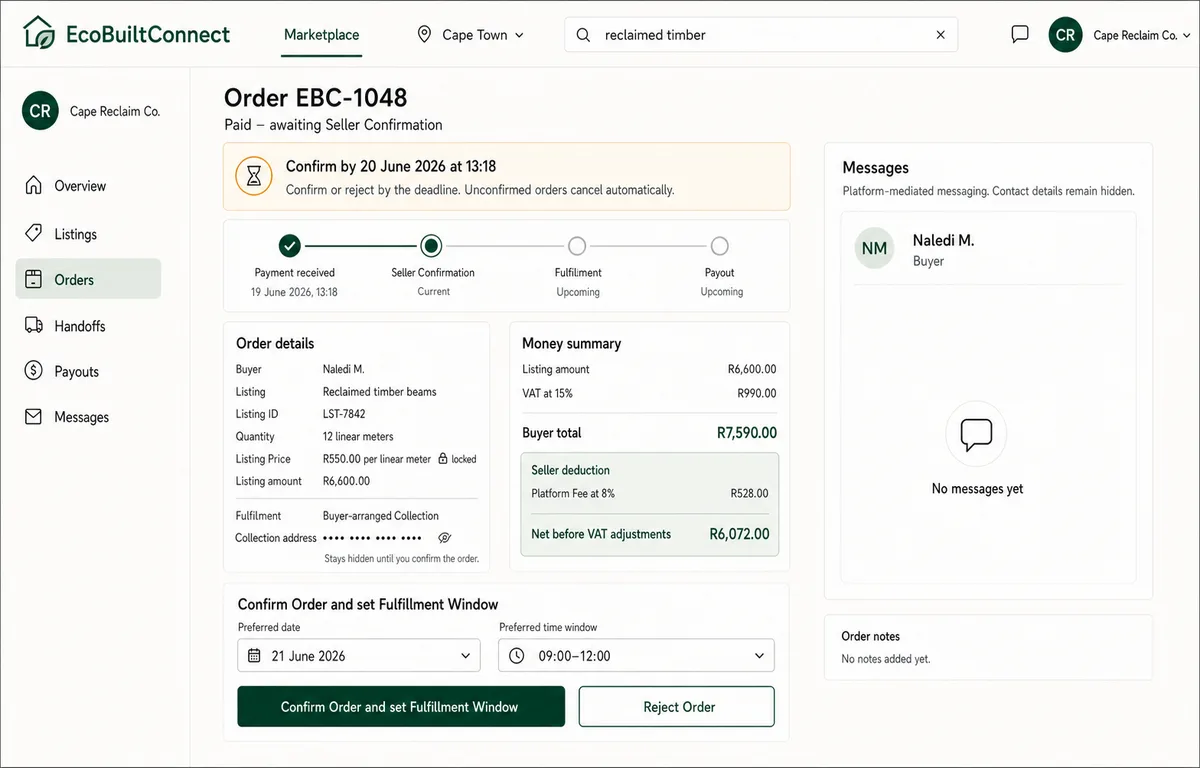 EcoBuiltConnect seller order screen showing order status, money summary, and a confirmation deadline.