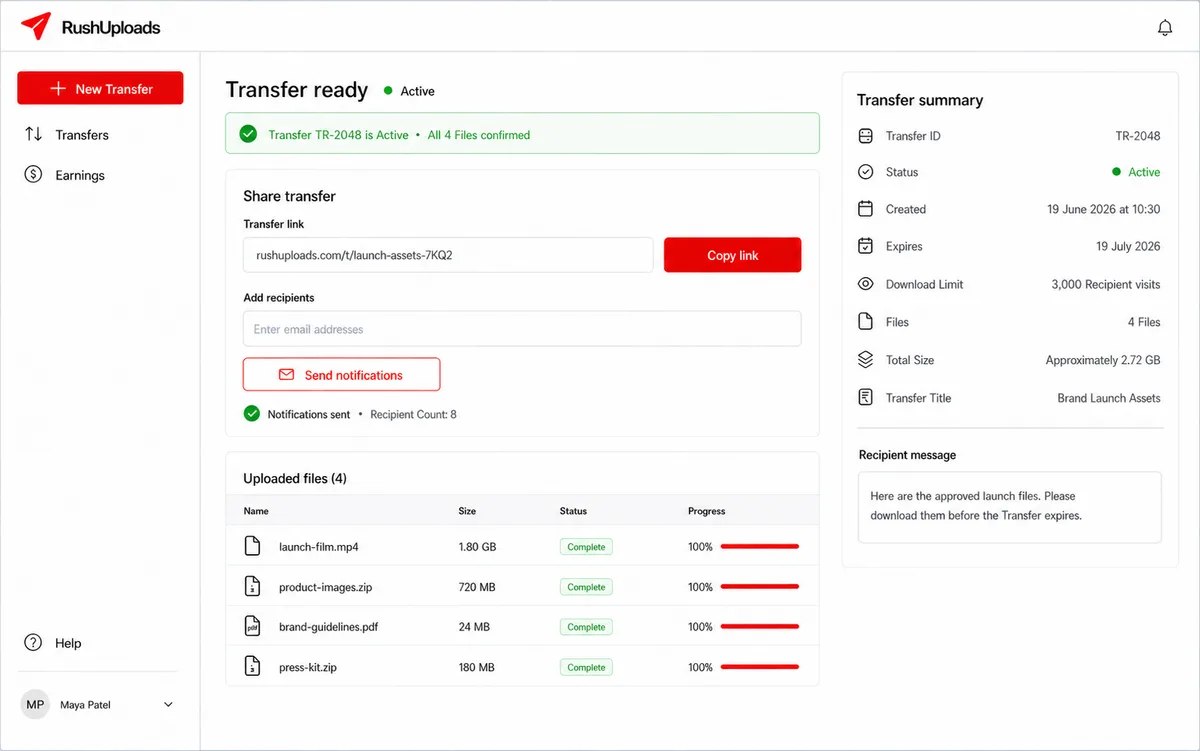 RushUploads transfer-ready screen showing the share link, recipient notification field, and completed file uploads.